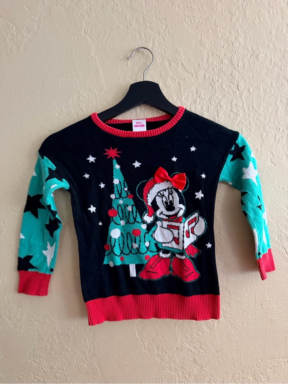 Disney Black Red Teal Minnie Mouse Holiday Sweater